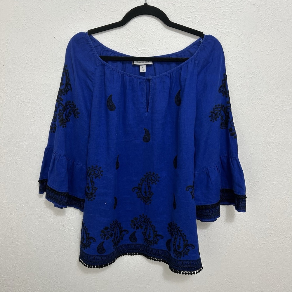 Charter Club Linen Royal Blue Black Paisley Blouse Top Size L Crochet Trim Boho